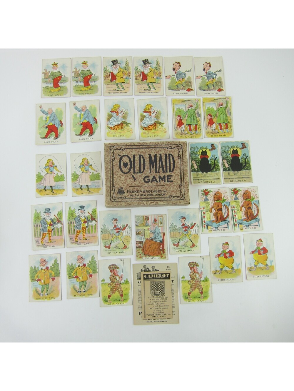 Vintage Parker Brothers Old Maid Card Game with Box & Grand Camelot Ads 1930s